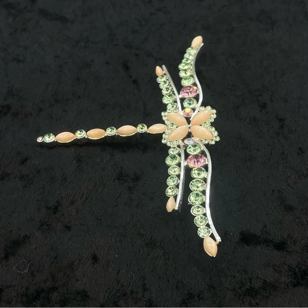NWT GIVENCHY Dragonfly Pin Brooch Peach Moonstone Silver Tone Green Pink Crystal - Picture 4 of 9